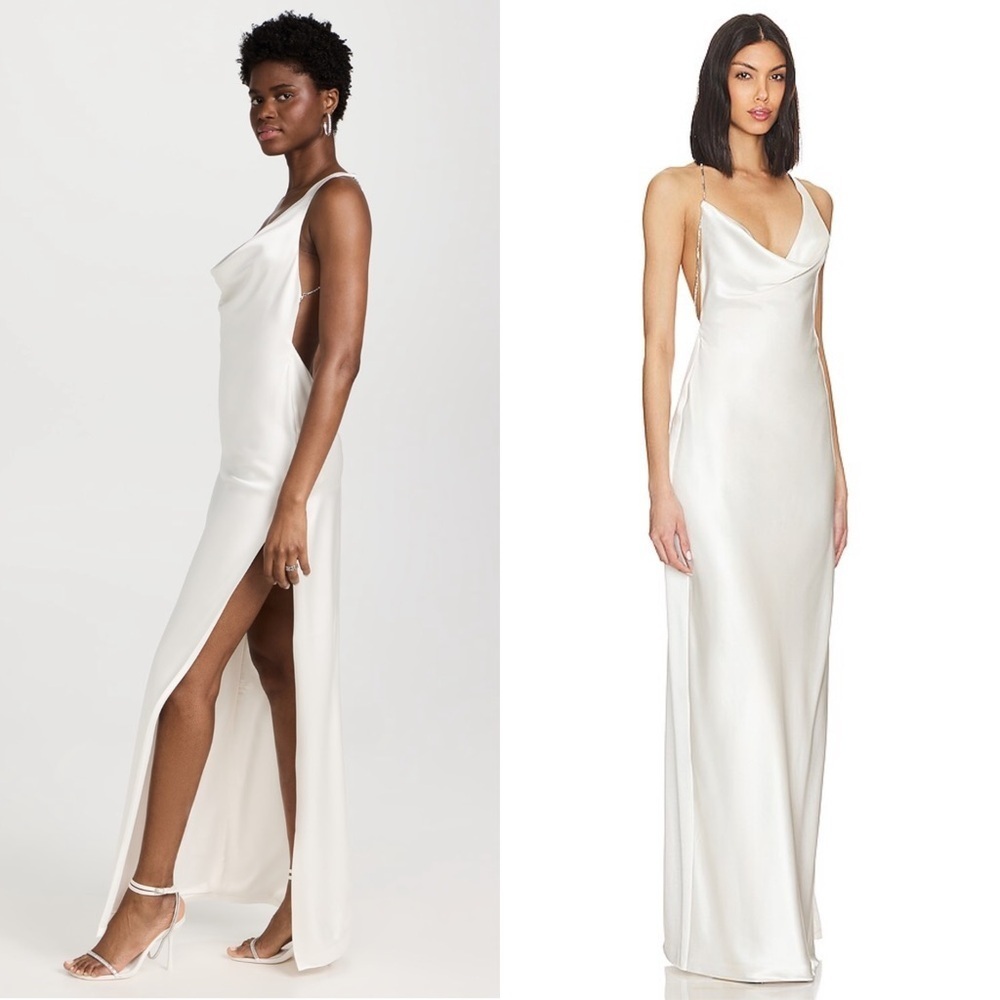 NWT RETROFETE Satin Asymmetric Crystal Chain Strap Draped Neck Open Back Gown S - Picture 2 of 13